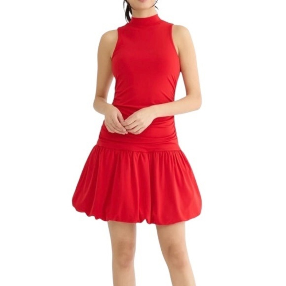 Madden NYC Womens Mock Neck Bubble Dress Racing Red Ruched Mini‎ ND373AP77 New S